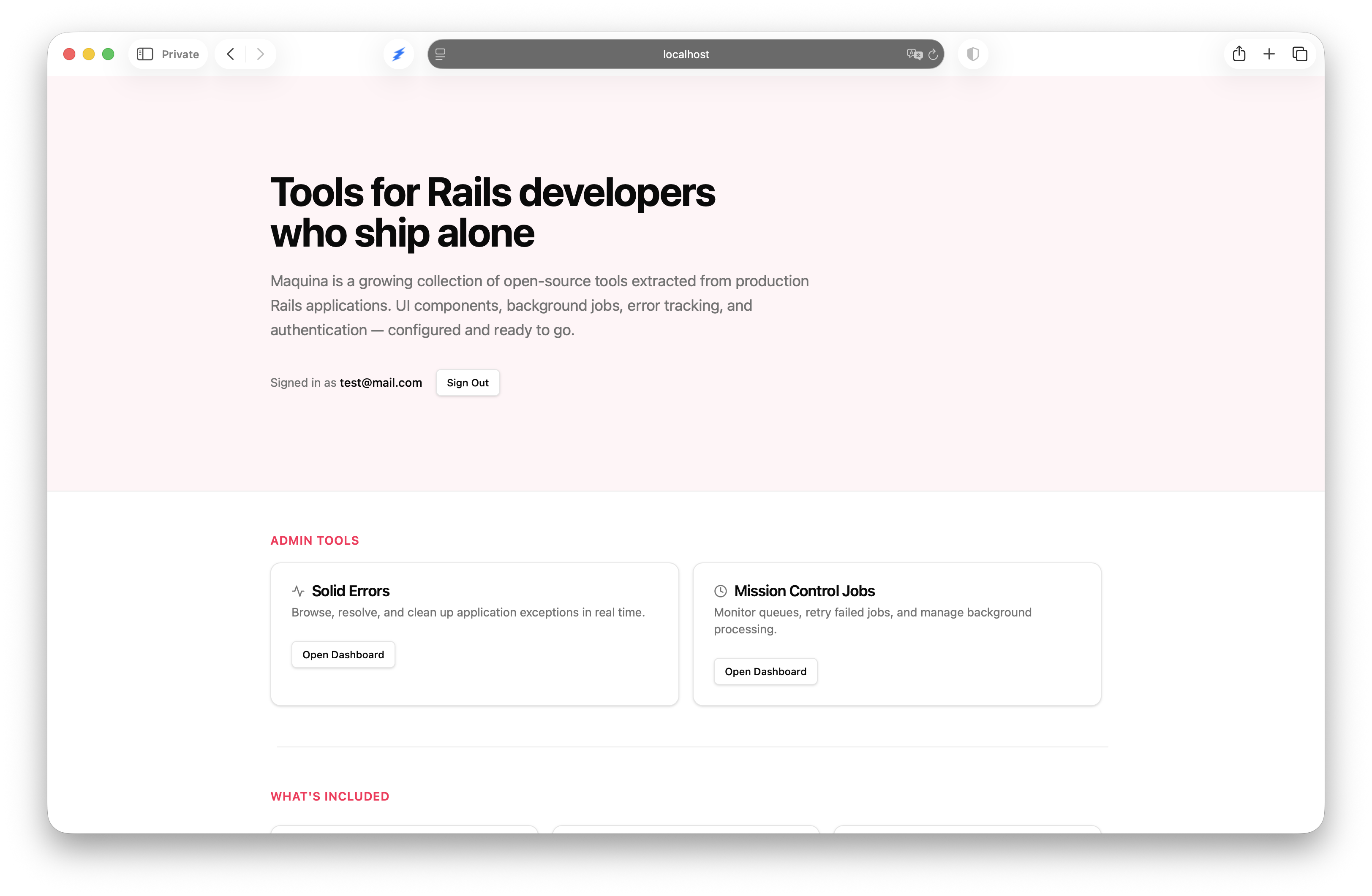 Admin tools section showing Solid Errors and Mission Control Jobs dashboards after sign-in
