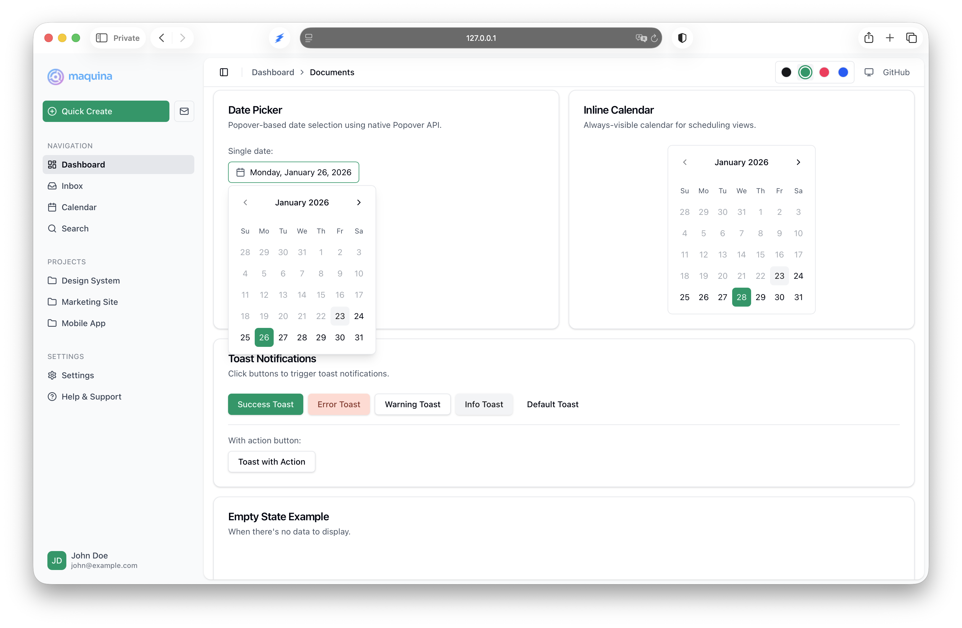 Maquina Components live previews showing components in green theme