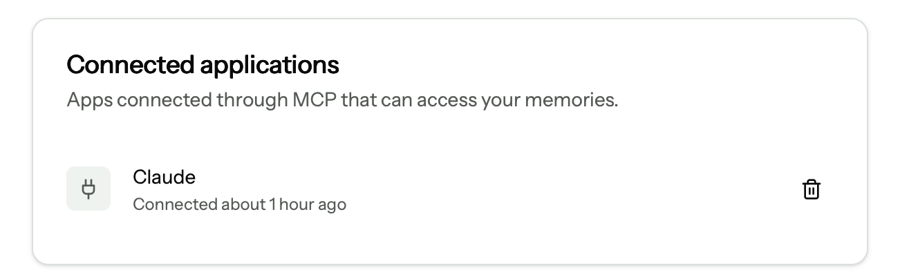 recuerd0 OAuth consent screen approving an MCP client connection, with connected application management in the browser