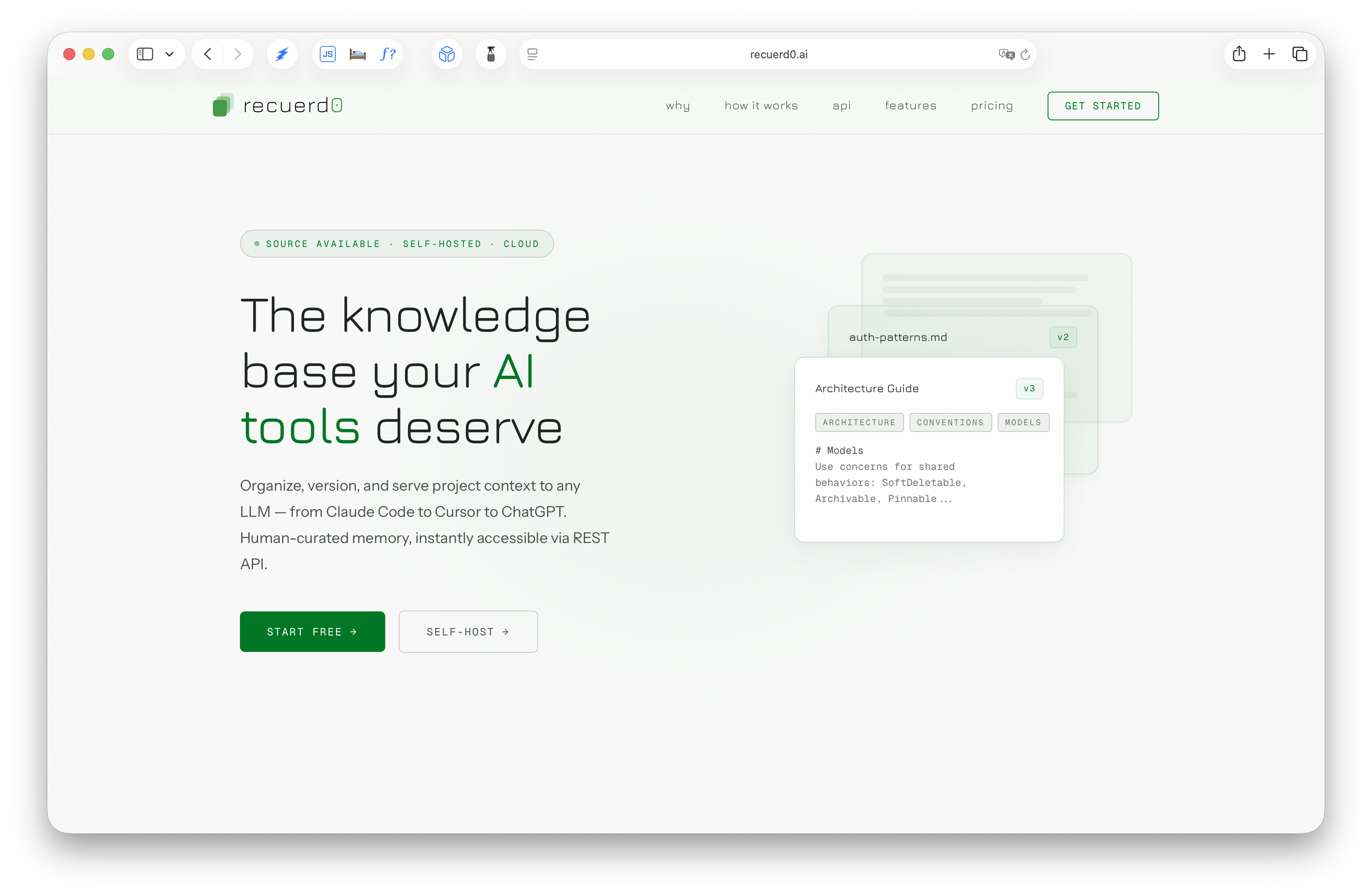 Recuerd0 homepage — the knowledge base your AI tools deserve