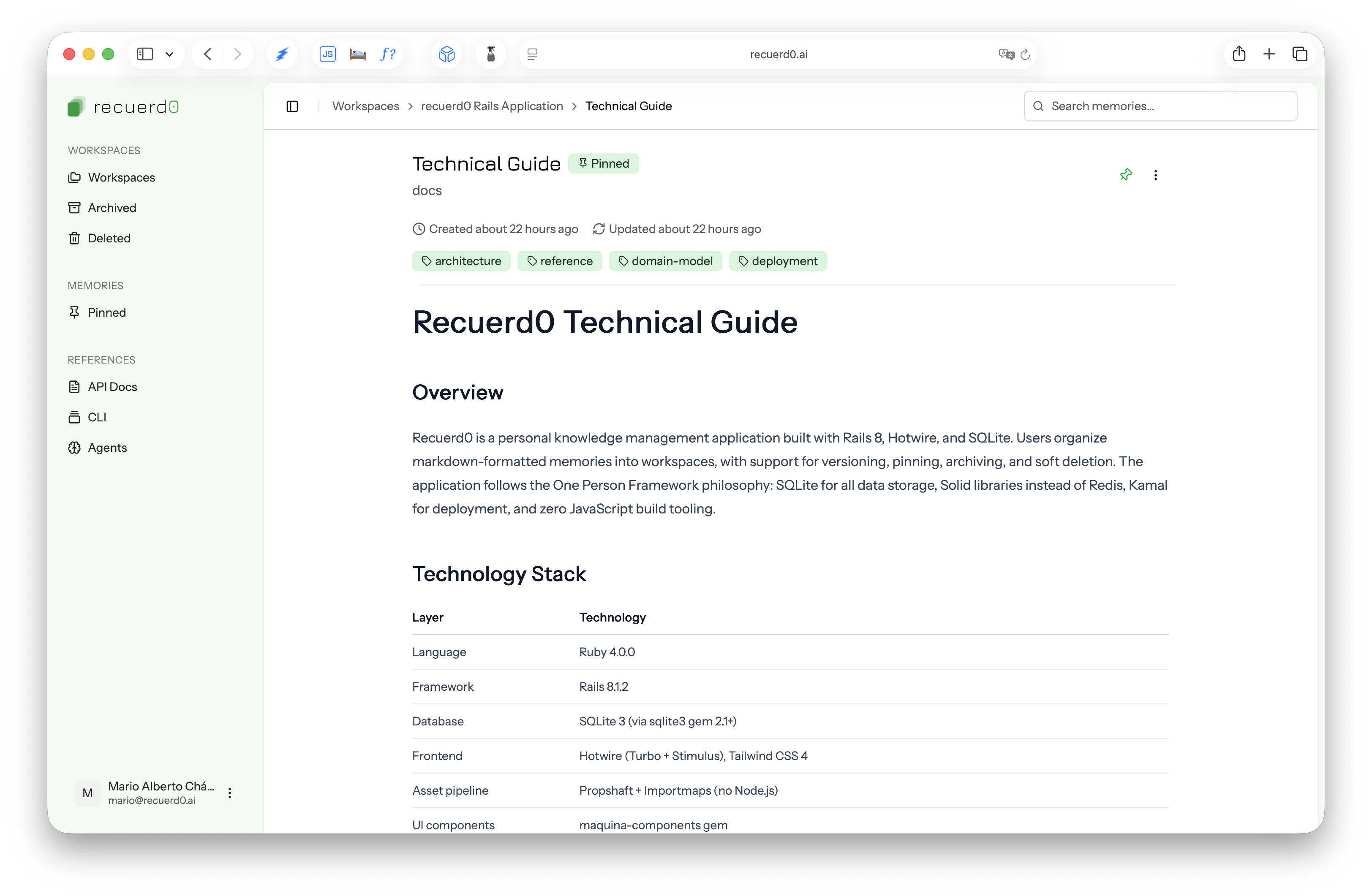 Memory detail showing rendered markdown content with version history and tags