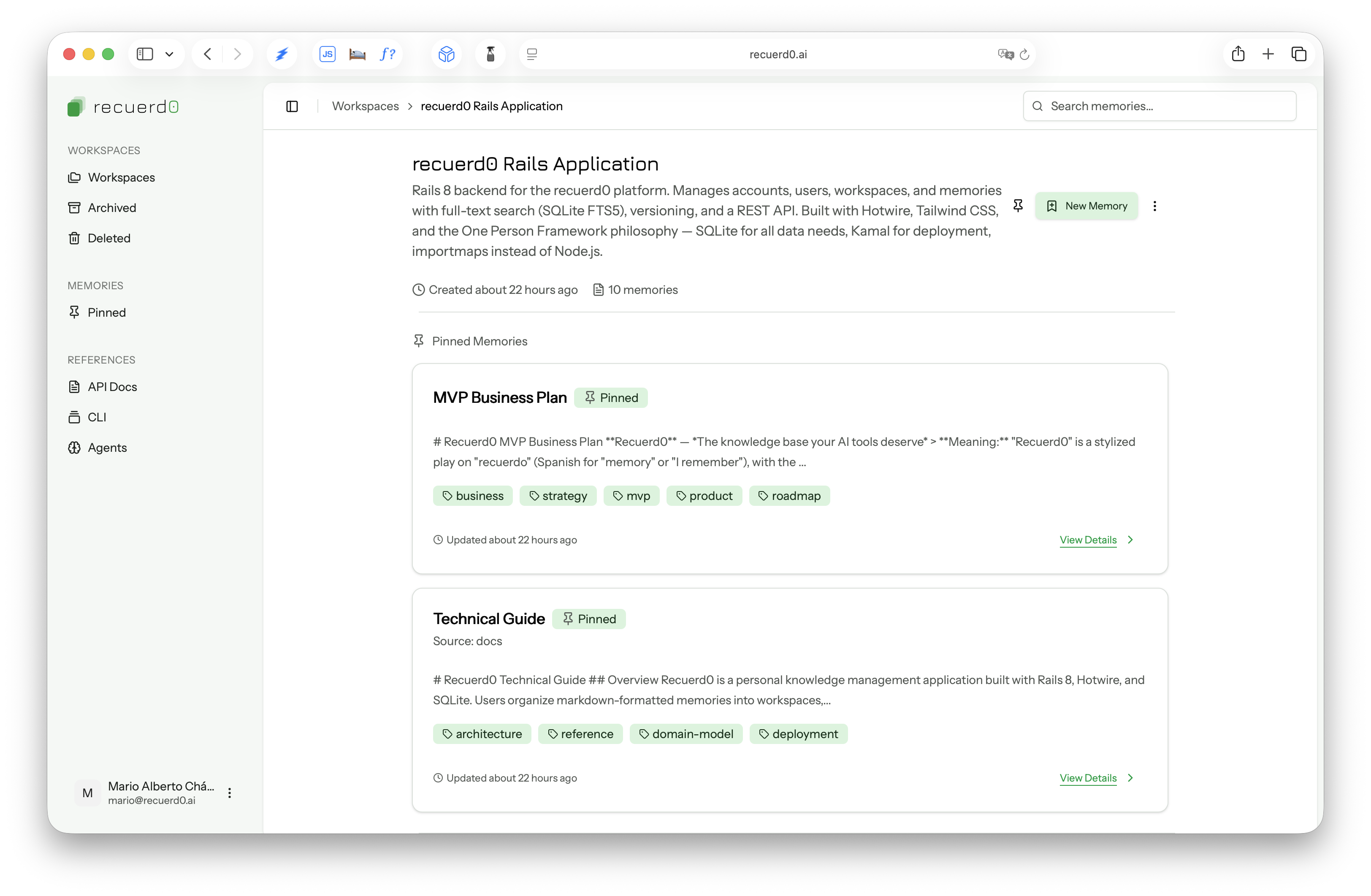 Workspace view showing pinned memories with tags and descriptions
