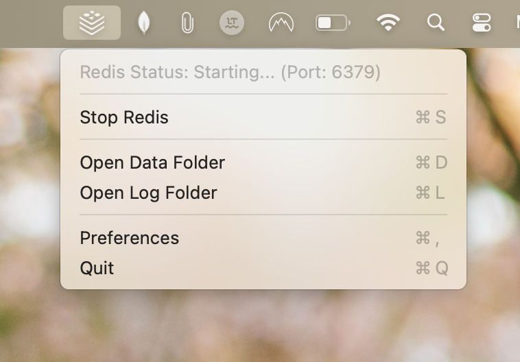 Redis Menu in the menu bar